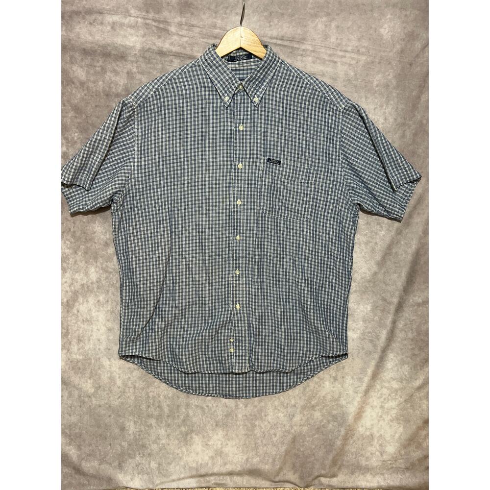 VINTAGE 90s Chaps Ralph Lauren Linen Blend Blue Plaid Button Down size L